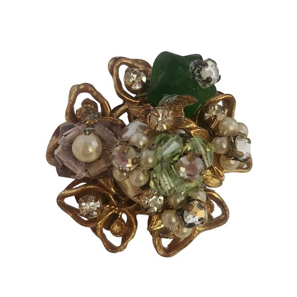 Signed Robert Wired Glass Crystal and Brass Clip Earrings (A4990) - Picture 4 of 6